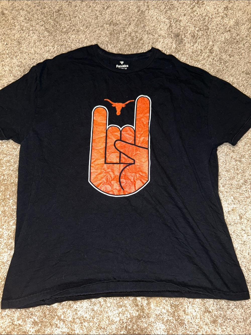 Texas Longhorns Fanatics Black Tee with Orange Horns Hand Graphic